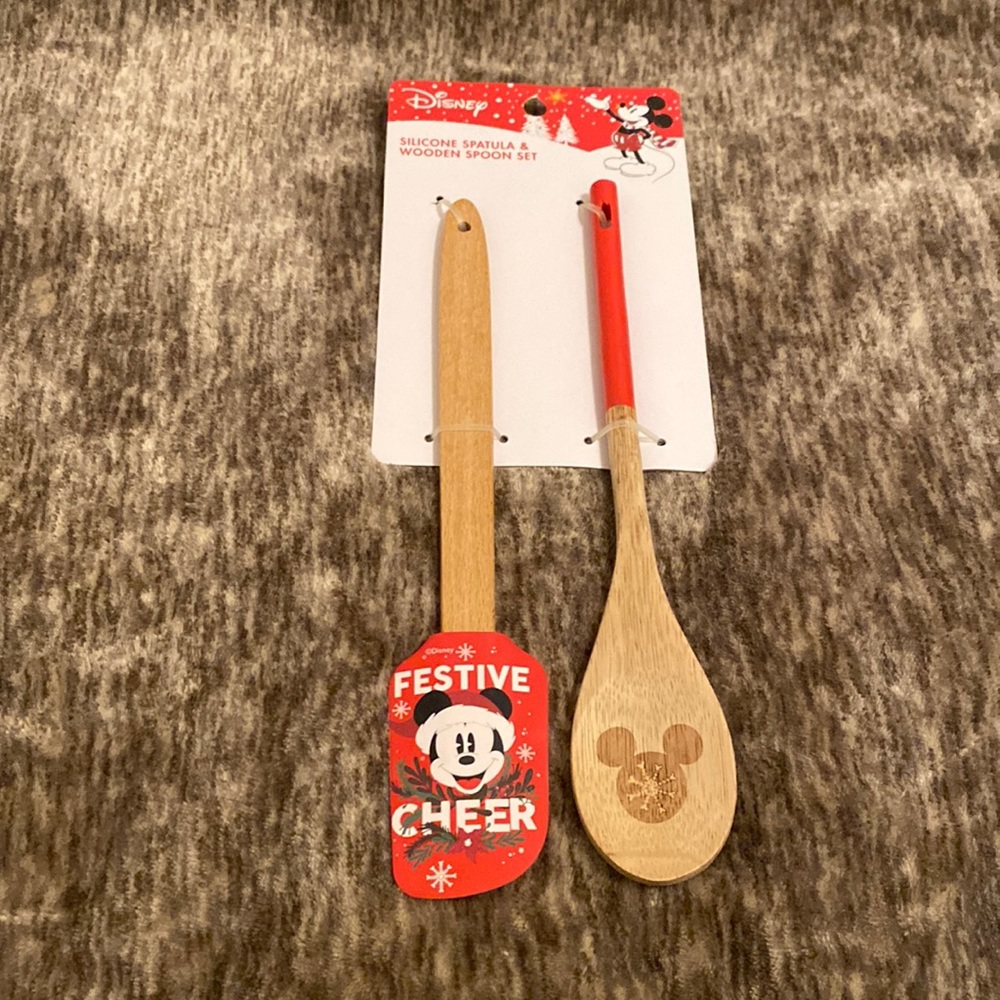 Disney Mickey Mouse Silicon Spatula & Wooden Spoon Set Christmas Holiday‎